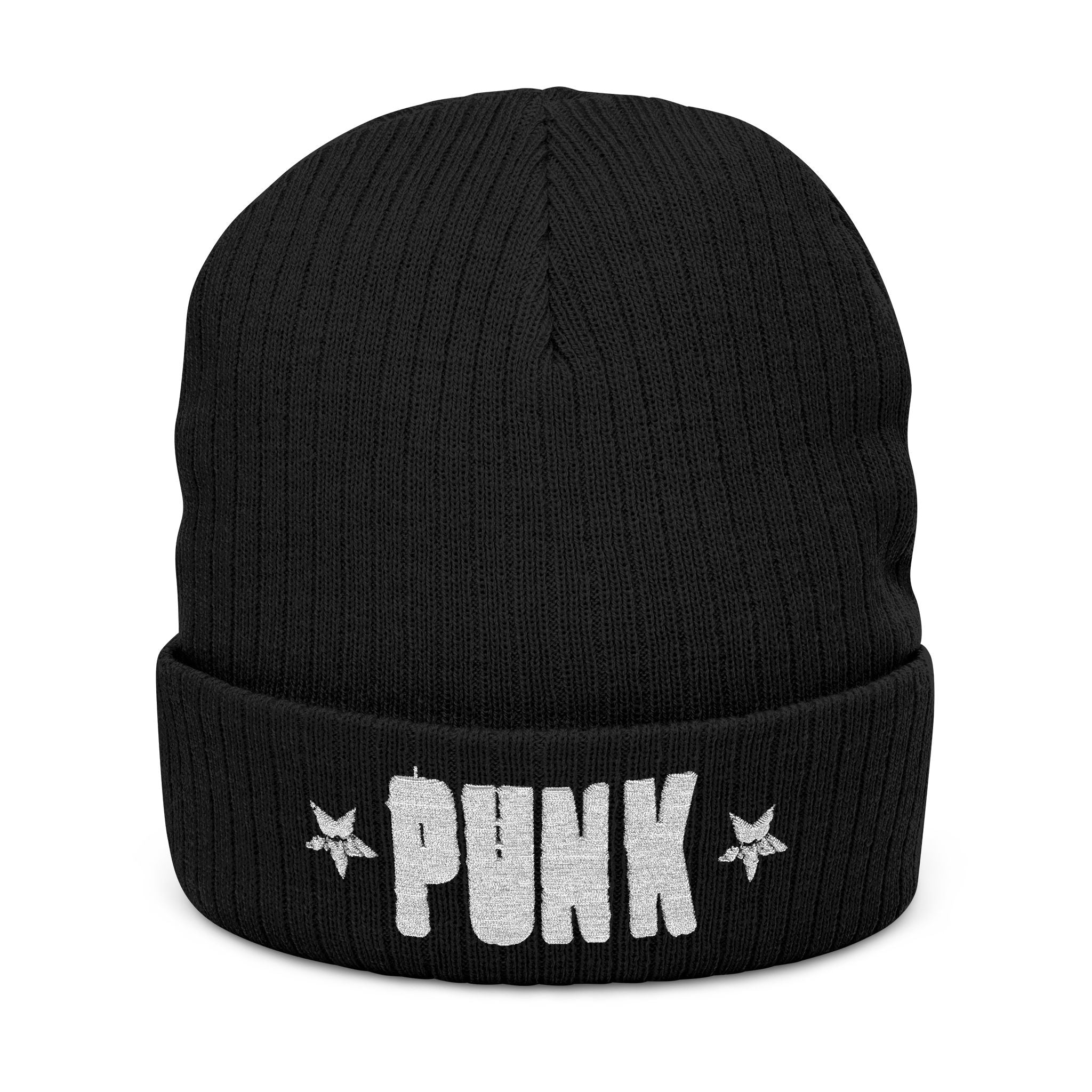 Punk Embroidered Ribbed Beanie – Star Accent Cuff Hat